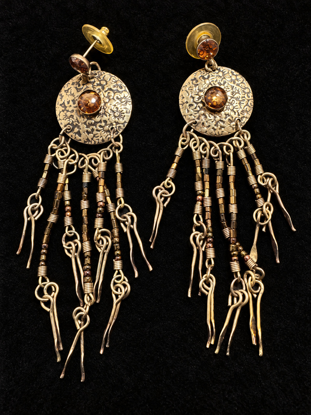 ⚜️ Chandelier Earrings | Floral Disc Fringe | Gold-Tone Amber Crystal 💗